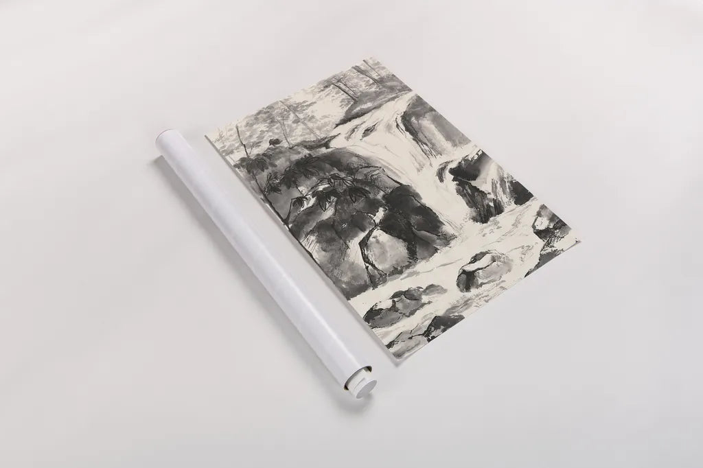 Sumi Waterfall IV by Chris Paschke. shown as a rolled paper print. Available as archival giclee rolled canvas, fine art paper, or poster print. SKU 24321h.