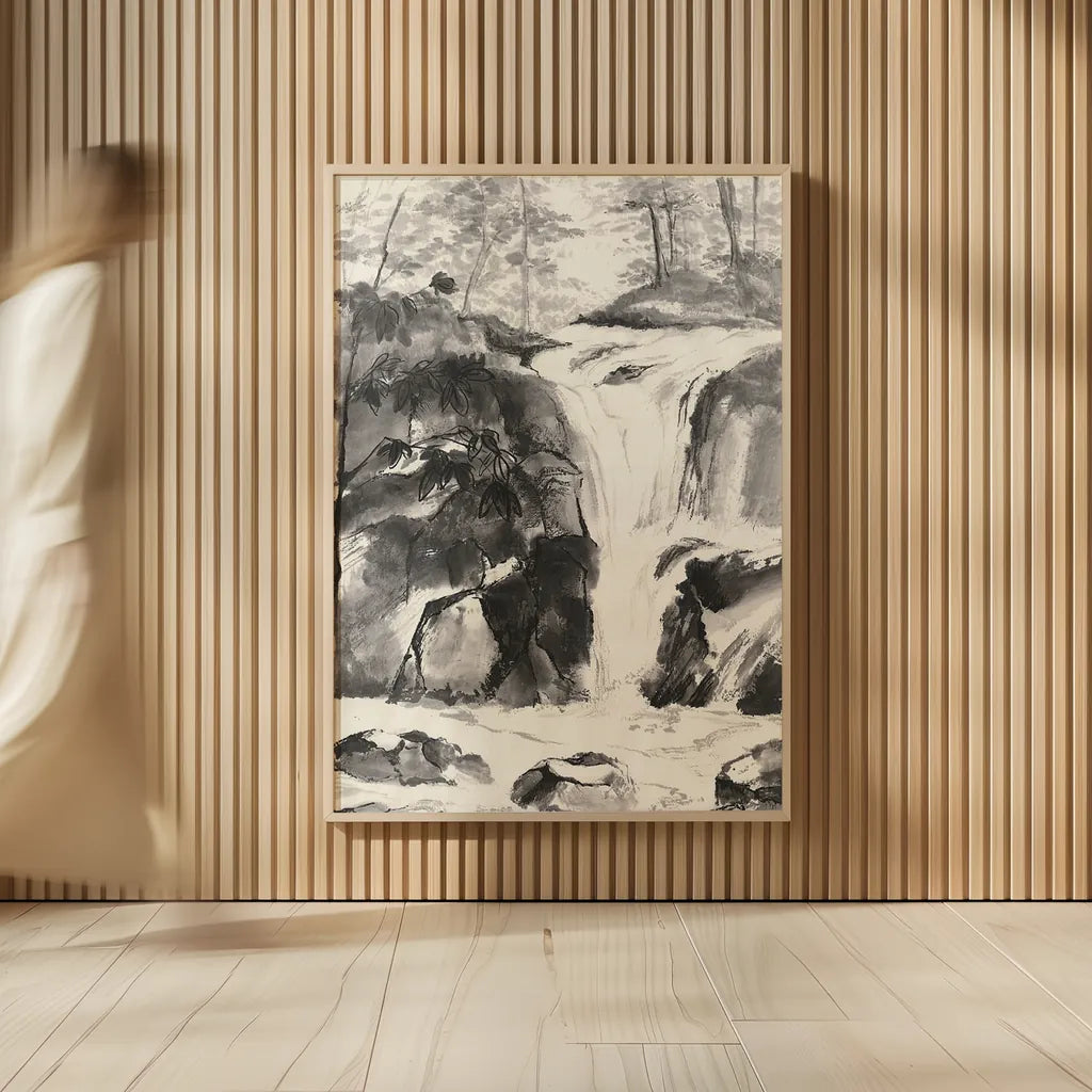 Sumi Waterfall IV by Chris Paschke. shown as over sized large wall art. Available as an archival giclee rolled canvas, fine art paper, or poster print. SKU 24321h.