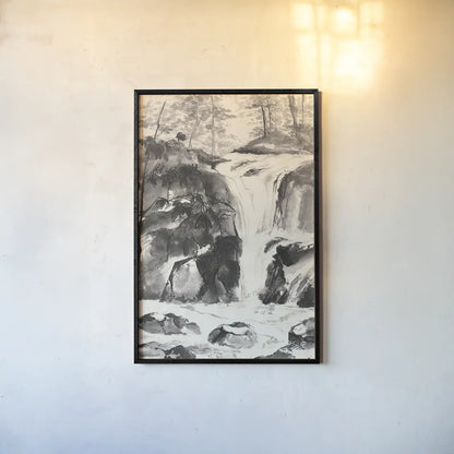 Sumi Waterfall IV by Chris Paschke. shown as a paper print in a black flame. Available as a archival giclee rolled canvas, fine art paper, or poster print. SKU 24321h.