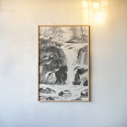 Sumi Waterfall IV by Chris Paschke. shown as a paper print in a natural frame. Available as a archival giclee rolled canvas, fine art paper, or poster print. SKU 24321h.