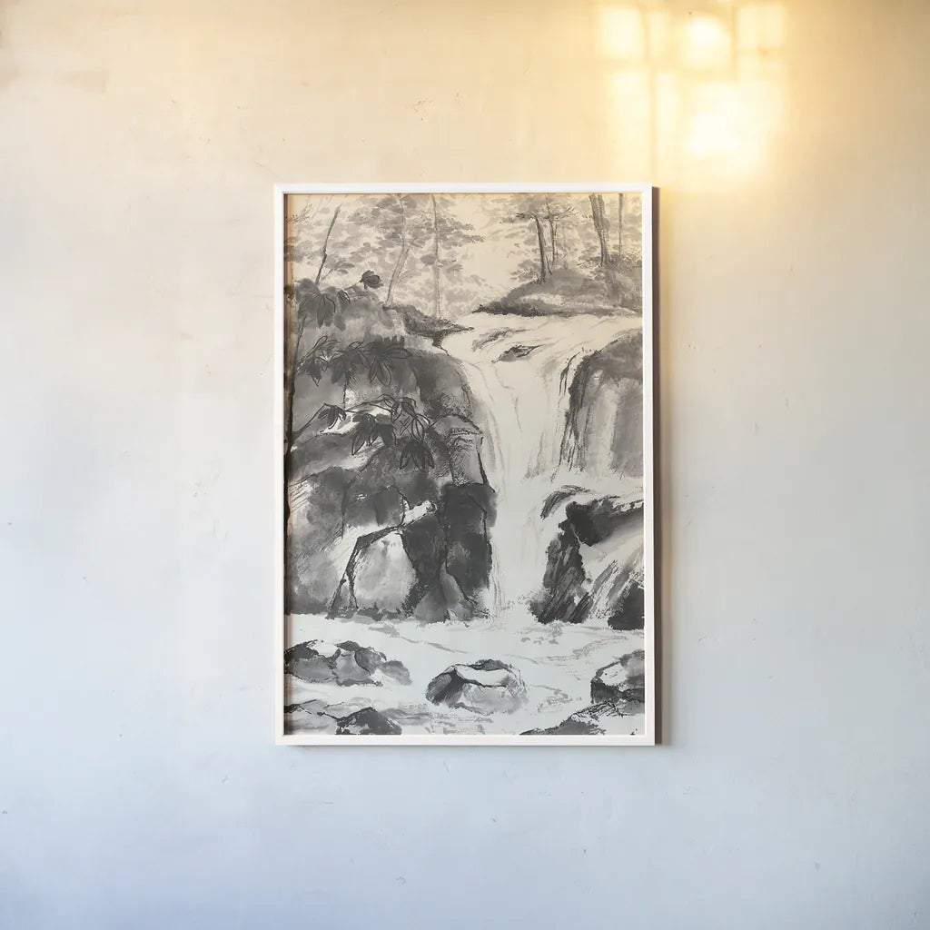 Sumi Waterfall IV by Chris Paschke. shown as a paper print in a white frame. Available as a archival giclee rolled canvas, fine art paper, or poster print. SKU 24321h.