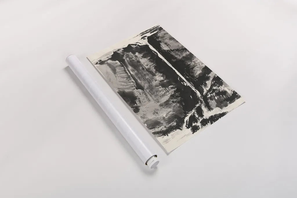 Sumi Waterfall View III by Chris Paschke. shown as a rolled paper print. Available as archival giclee rolled canvas, fine art paper, or poster print. SKU 24326h.