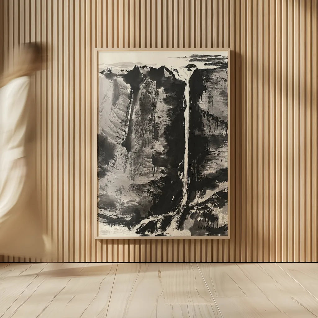 Sumi Waterfall View III by Chris Paschke. shown as over sized large wall art. Available as an archival giclee rolled canvas, fine art paper, or poster print. SKU 24326h.