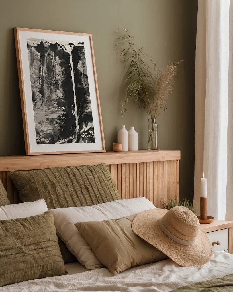 Sumi Waterfall View III by Chris Paschke. shown as a paper print in a natural frame. Available as a archival giclee rolled canvas, fine art paper, or poster print. SKU 24326h.