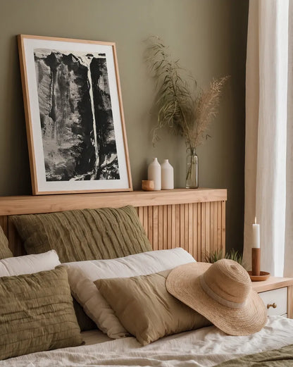 Sumi Waterfall View III by Chris Paschke. shown as a paper print in a natural frame. Available as a archival giclee rolled canvas, fine art paper, or poster print. SKU 24326h.