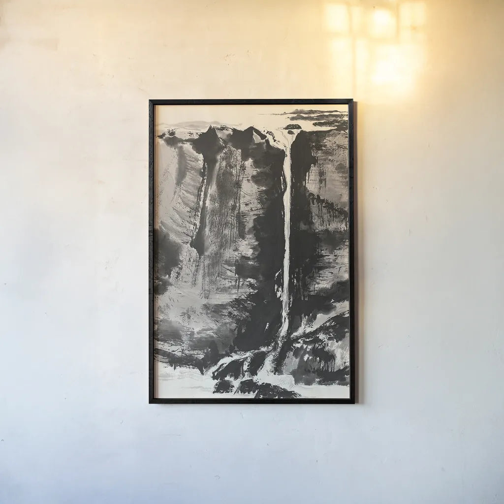 Sumi Waterfall View III by Chris Paschke. shown as a paper print in a black flame. Available as a archival giclee rolled canvas, fine art paper, or poster print. SKU 24326h.