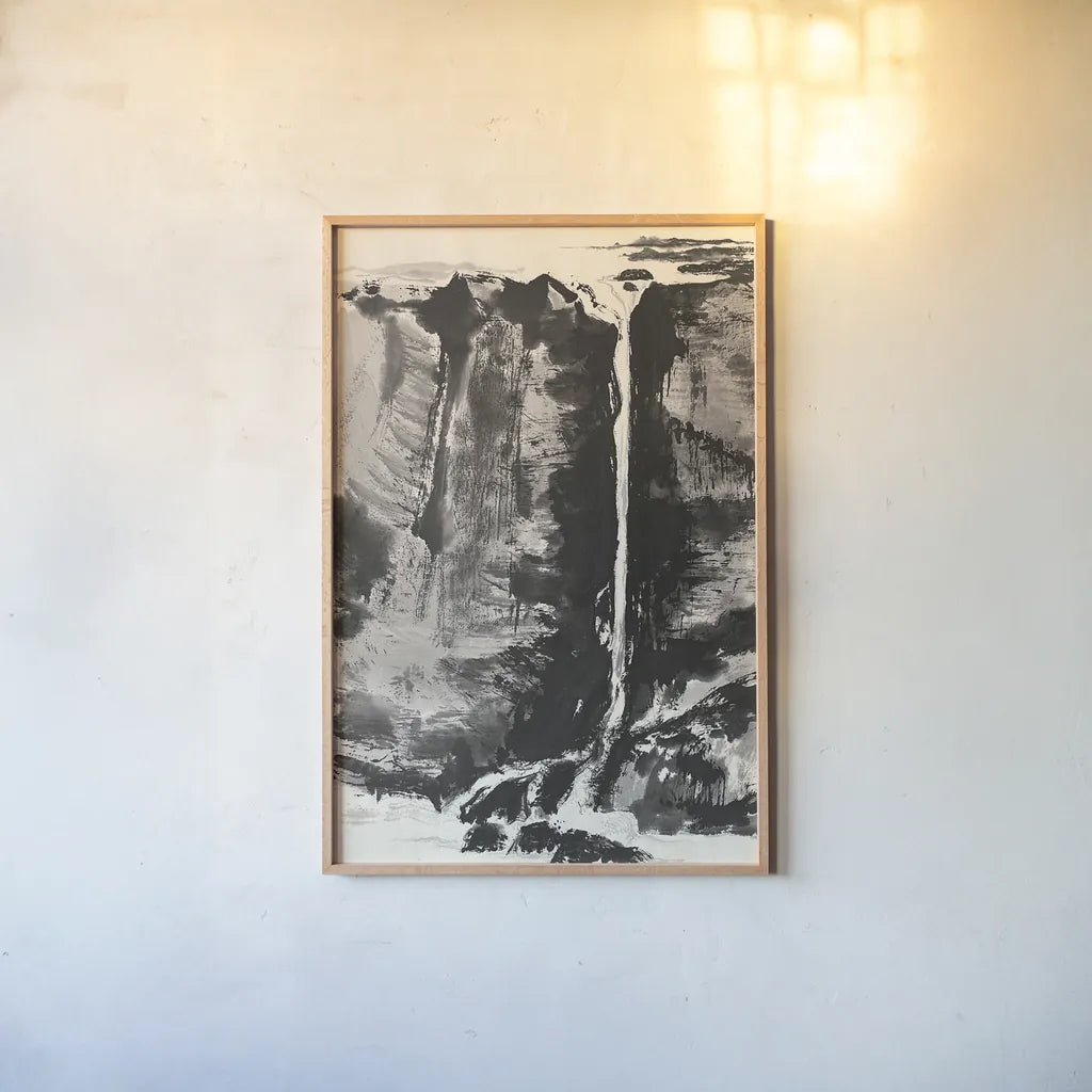 Sumi Waterfall View III by Chris Paschke. shown as a paper print in a natural frame. Available as a archival giclee rolled canvas, fine art paper, or poster print. SKU 24326h.