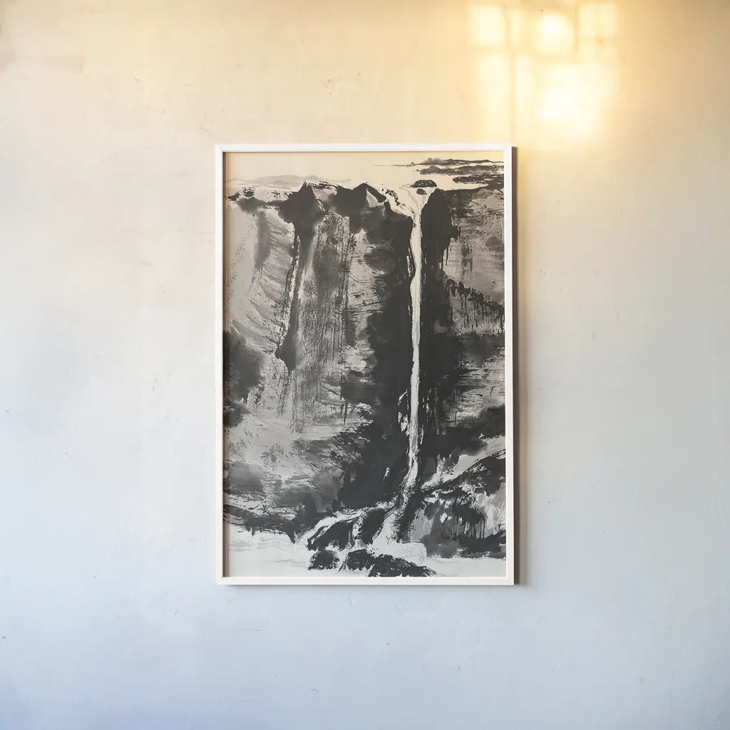 Sumi Waterfall View III by Chris Paschke. shown as a paper print in a white frame. Available as a archival giclee rolled canvas, fine art paper, or poster print. SKU 24326h.