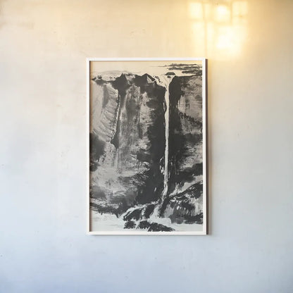 Sumi Waterfall View III by Chris Paschke. shown as a paper print in a white frame. Available as a archival giclee rolled canvas, fine art paper, or poster print. SKU 24326h.