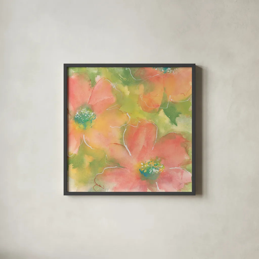 Summer Cosmos I by Chris Paschke. Shown in a sleek black glass frame for a contemporary gallery look. Available as an archival giclee rolled canvas, fine art paper, or poster print. SKU 50263a.