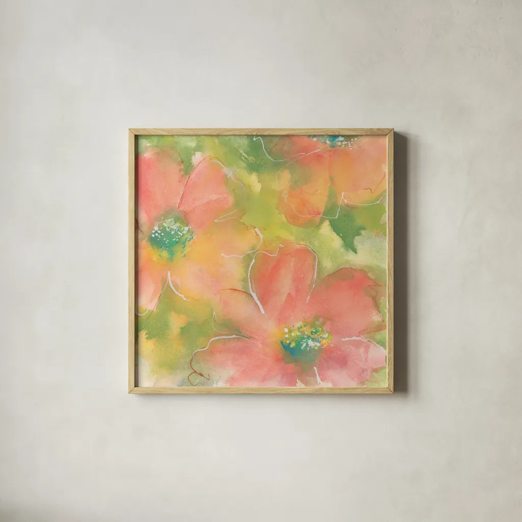 Summer Cosmos I by Chris Paschke. Shown in a natural wood glass frame for a timeless modern aesthetic. Available as an archival giclee rolled canvas, fine art paper, or poster print. SKU 50263a.
