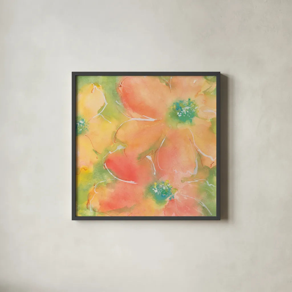 Summer Cosmos II by Chris Paschke. Shown in a sleek black glass frame for a contemporary gallery look. Available as an archival giclee rolled canvas, fine art paper, or poster print. SKU 50264a.