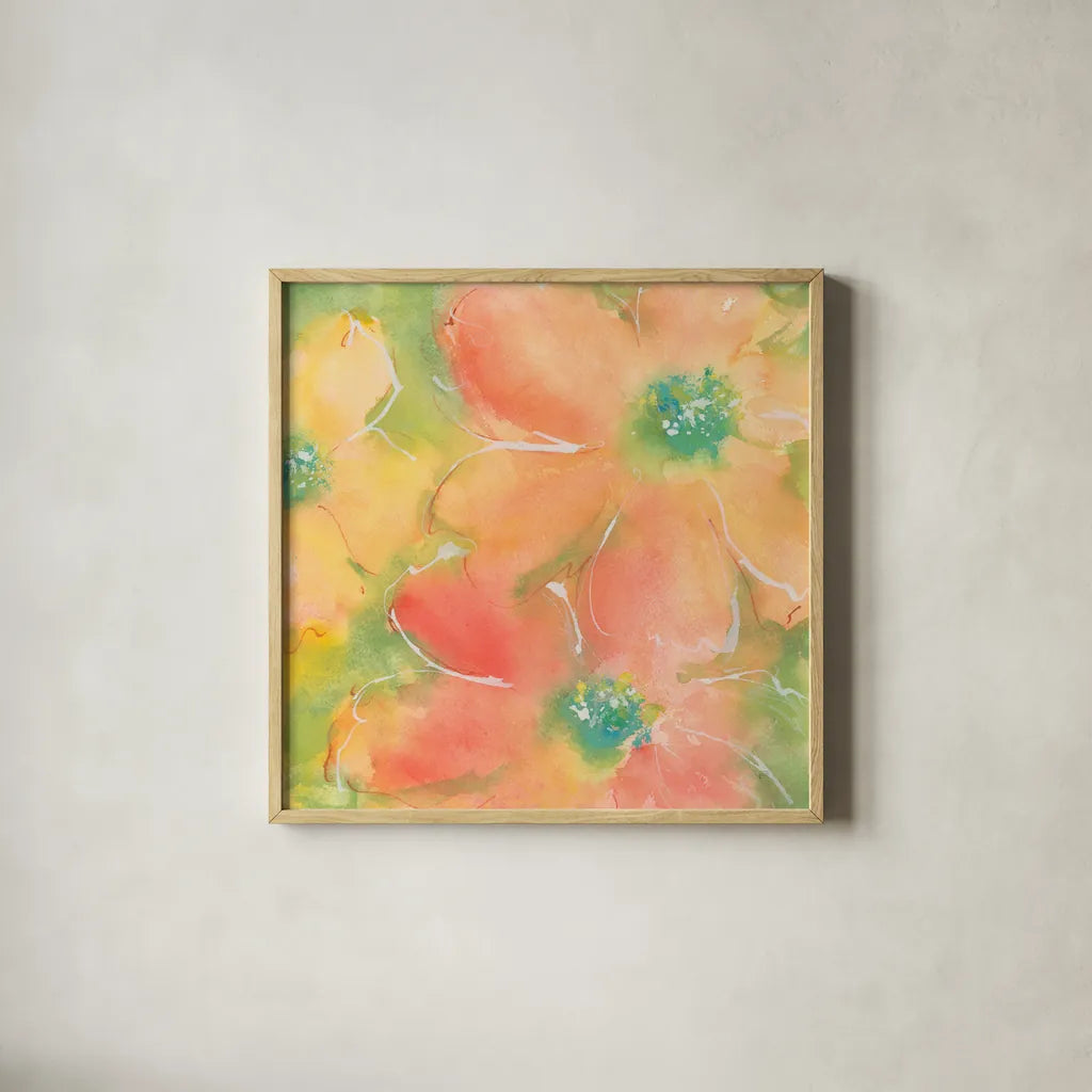 Summer Cosmos II by Chris Paschke. Shown in a natural wood glass frame for a timeless modern aesthetic. Available as an archival giclee rolled canvas, fine art paper, or poster print. SKU 50264a.