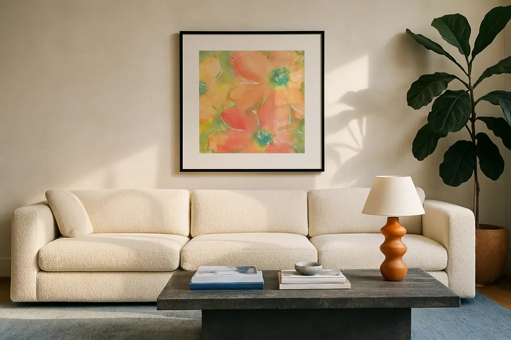 Summer Cosmos II by Chris Paschke. Displayed in a glass frame with matte in a clean modern living room. Available as an archival giclee rolled canvas, fine art paper, or poster print. SKU 50264a.