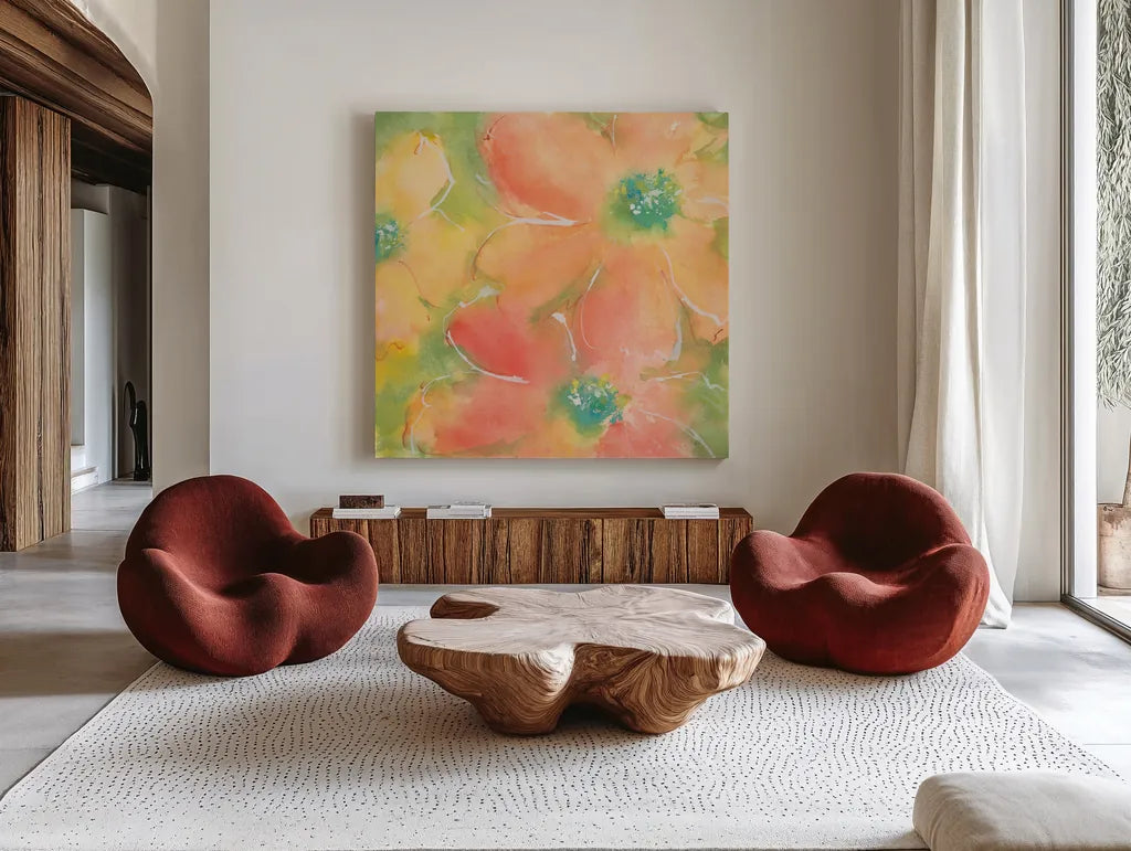 Summer Cosmos II by Chris Paschke. Shown as extra-large giant wall art in a modern living room. Available as an archival giclee rolled canvas, fine art paper, or poster print. SKU 50264a.