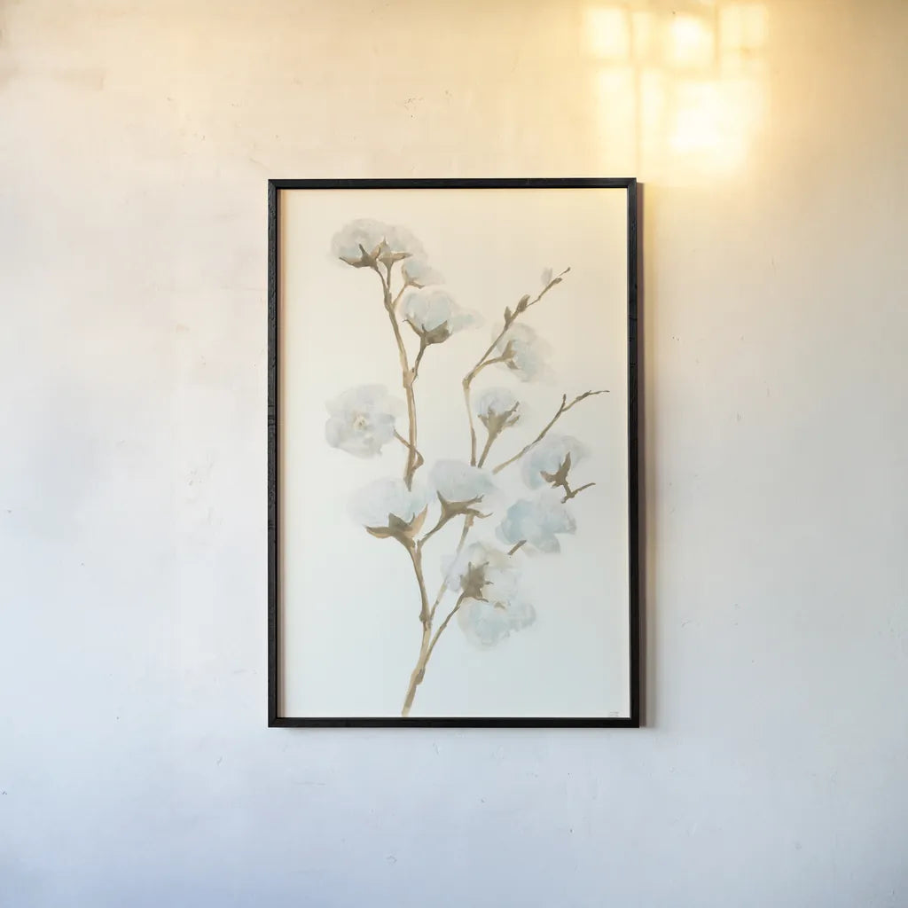 Summer Cotton I by Chris Paschke. shown as a paper print in a black flame. Available as a archival giclee rolled canvas, fine art paper, or poster print. SKU 55055h.