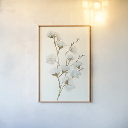 Summer Cotton I by Chris Paschke. shown as a paper print in a natural frame. Available as a archival giclee rolled canvas, fine art paper, or poster print. SKU 55055h.