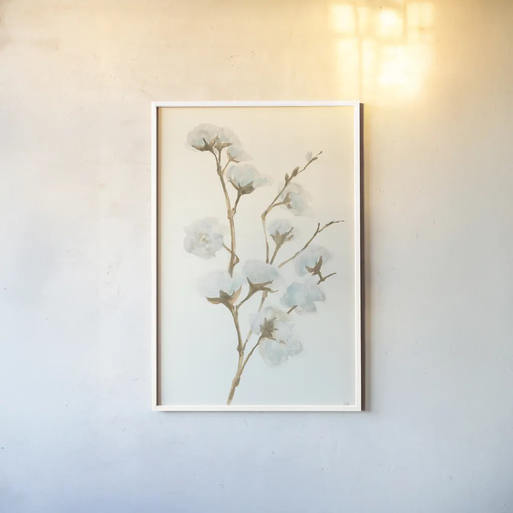 Summer Cotton I by Chris Paschke. shown as a paper print in a white frame. Available as a archival giclee rolled canvas, fine art paper, or poster print. SKU 55055h.