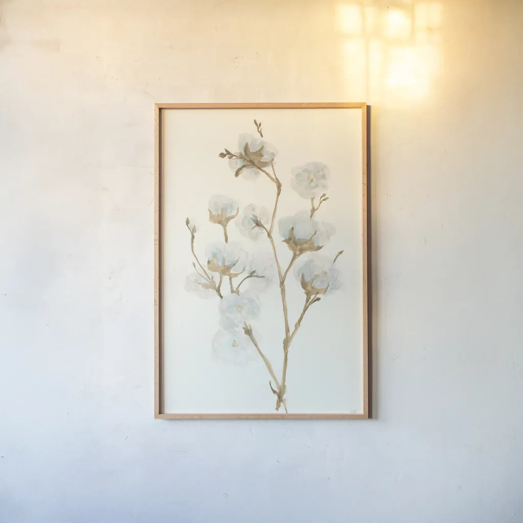 Summer Cotton II by Chris Paschke. shown as a paper print in a natural frame. Available as a archival giclee rolled canvas, fine art paper, or poster print. SKU 55056h.