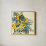Sunflower I by Chris Paschke. Shown in a natural wood glass frame for a timeless modern aesthetic. Available as an archival giclee rolled canvas, fine art paper, or poster print. SKU 44520a.
