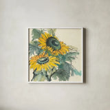 Sunflower I by Chris Paschke. Shown in a crisp white glass frame for a clean and minimalist style. Available as an archival giclee rolled canvas, fine art paper, or poster print. SKU 44520a.