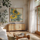 Sunflower I by Chris Paschke. Shown in a natural wood frame in a cozy modern living room. Available as an archival giclee rolled canvas, fine art paper, or poster print. SKU 44520a.