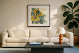 Sunflower I by Chris Paschke. Displayed in a glass frame with matte in a clean modern living room. Available as an archival giclee rolled canvas, fine art paper, or poster print. SKU 44520a.