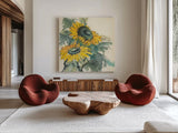 Sunflower I by Chris Paschke. Shown as extra-large giant wall art in a modern living room. Available as an archival giclee rolled canvas, fine art paper, or poster print. SKU 44520a.
