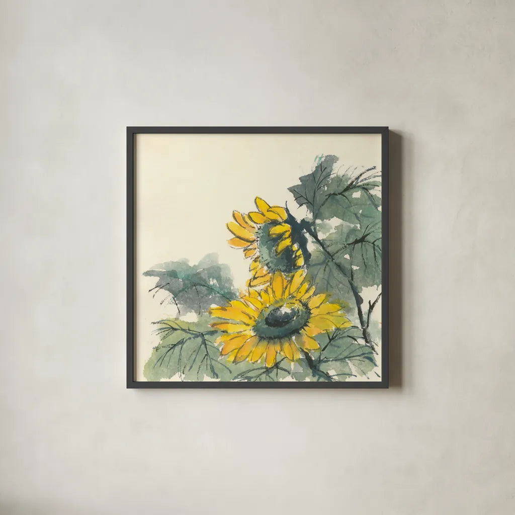 Sunflower II by Chris Paschke. Shown in a sleek black glass frame for a contemporary gallery look. Available as an archival giclee rolled canvas, fine art paper, or poster print. SKU 44521a.