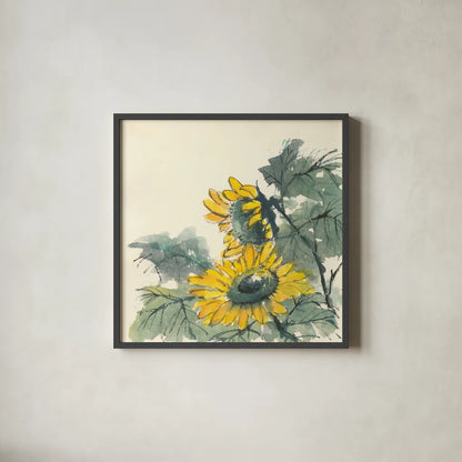 Sunflower II by Chris Paschke. Shown in a sleek black glass frame for a contemporary gallery look. Available as an archival giclee rolled canvas, fine art paper, or poster print. SKU 44521a.