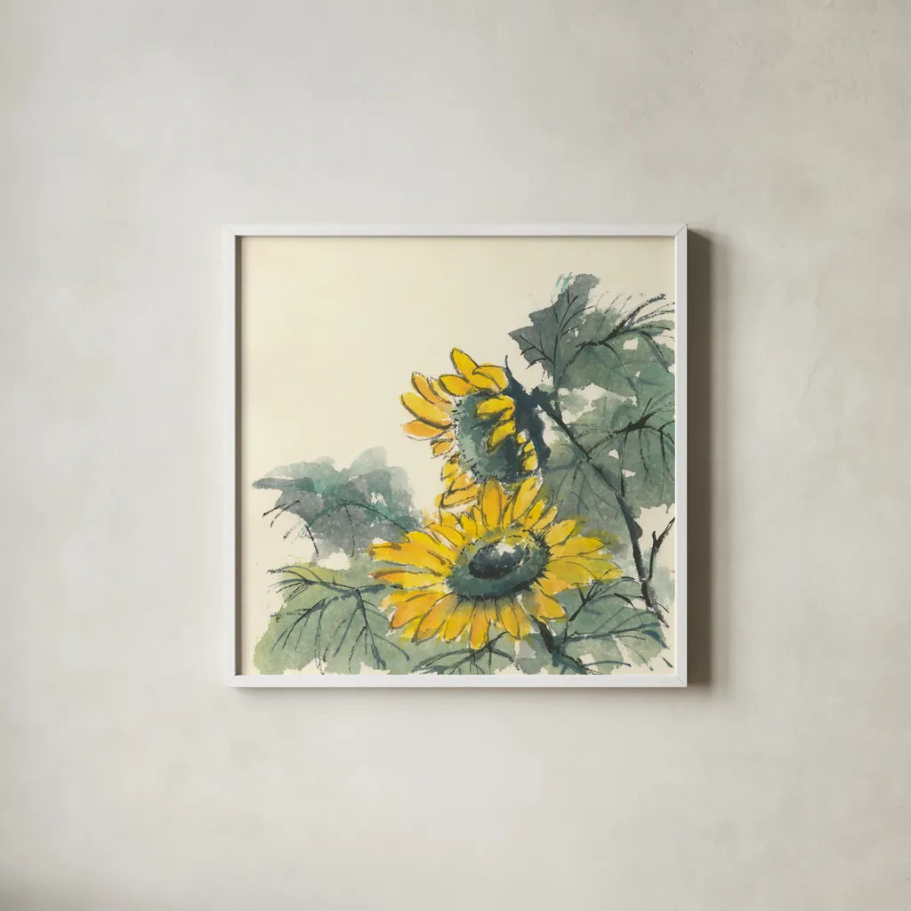 Sunflower II by Chris Paschke. Shown in a crisp white glass frame for a clean and minimalist style. Available as an archival giclee rolled canvas, fine art paper, or poster print. SKU 44521a.