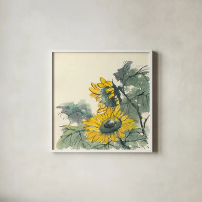 Sunflower II by Chris Paschke. Shown in a crisp white glass frame for a clean and minimalist style. Available as an archival giclee rolled canvas, fine art paper, or poster print. SKU 44521a.