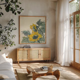 Sunflower II by Chris Paschke. Shown in a natural wood frame in a cozy modern living room. Available as an archival giclee rolled canvas, fine art paper, or poster print. SKU 44521a.