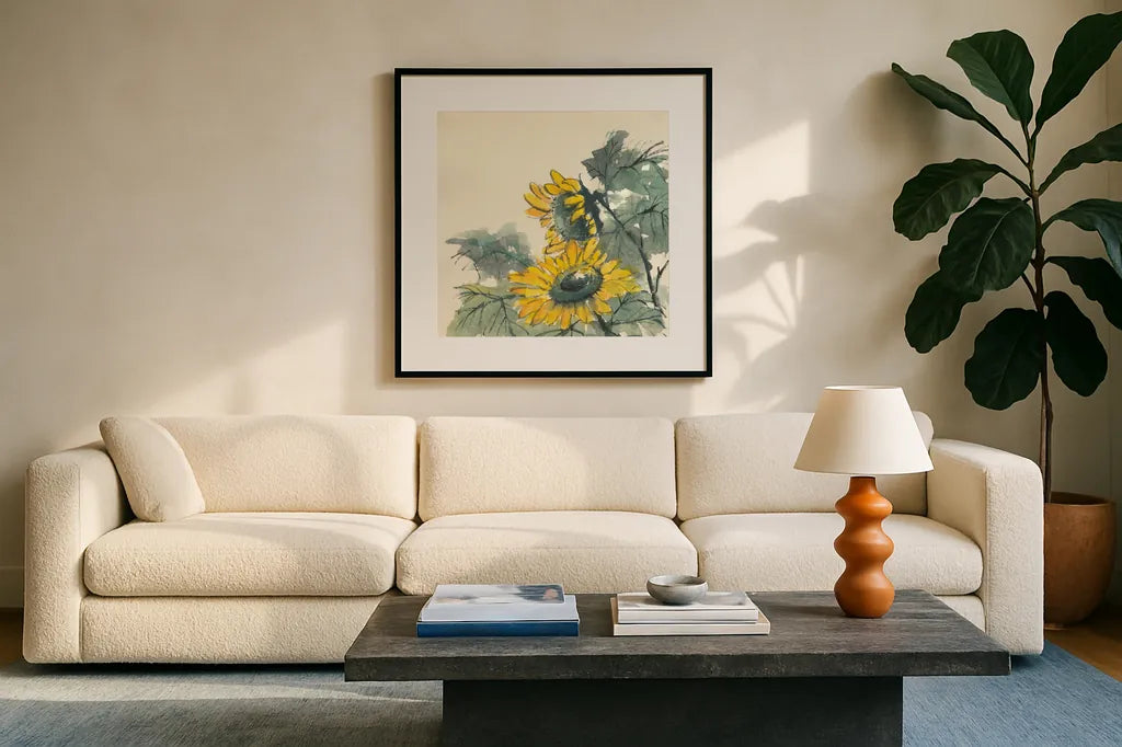 Sunflower II by Chris Paschke. Displayed in a glass frame with matte in a clean modern living room. Available as an archival giclee rolled canvas, fine art paper, or poster print. SKU 44521a.
