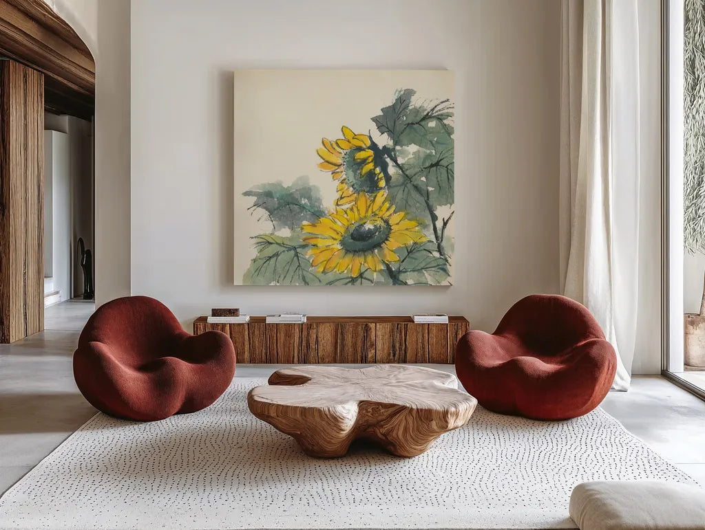 Sunflower II by Chris Paschke. Shown as extra-large giant wall art in a modern living room. Available as an archival giclee rolled canvas, fine art paper, or poster print. SKU 44521a.
