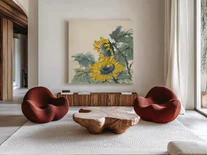 Sunflower II by Chris Paschke. Shown as extra-large giant wall art in a modern living room. Available as an archival giclee rolled canvas, fine art paper, or poster print. SKU 44521a.