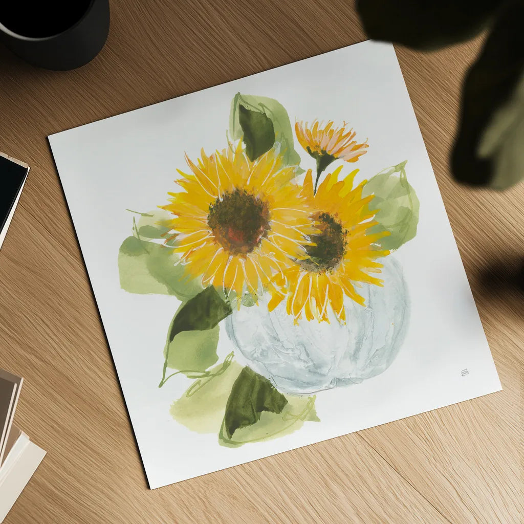 Sunflower Pumpkin Bouquet by Chris Paschke. Shown as a detailed flat fine art print, highlighting archival giclee quality. Available as an archival giclee rolled canvas, fine art paper, or poster print. SKU 81871a.