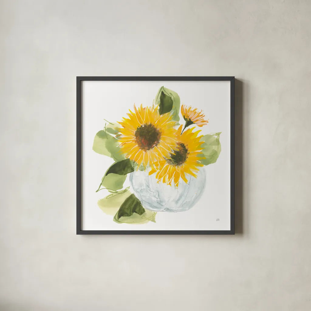 Sunflower Pumpkin Bouquet by Chris Paschke. Shown in a sleek black glass frame for a contemporary gallery look. Available as an archival giclee rolled canvas, fine art paper, or poster print. SKU 81871a.