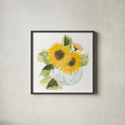 Sunflower Pumpkin Bouquet by Chris Paschke. Shown in a sleek black glass frame for a contemporary gallery look. Available as an archival giclee rolled canvas, fine art paper, or poster print. SKU 81871a.