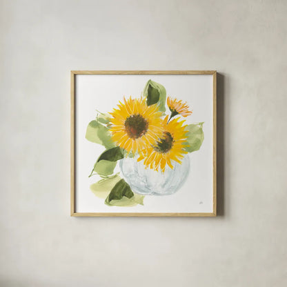Sunflower Pumpkin Bouquet by Chris Paschke. Shown in a natural wood glass frame for a timeless modern aesthetic. Available as an archival giclee rolled canvas, fine art paper, or poster print. SKU 81871a.