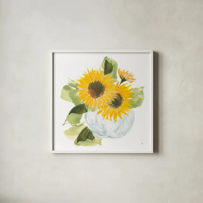 Sunflower Pumpkin Bouquet by Chris Paschke. Shown in a crisp white glass frame for a clean and minimalist style. Available as an archival giclee rolled canvas, fine art paper, or poster print. SKU 81871a.