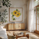 Sunflower Pumpkin Bouquet by Chris Paschke. Shown in a natural wood frame in a cozy modern living room. Available as an archival giclee rolled canvas, fine art paper, or poster print. SKU 81871a.