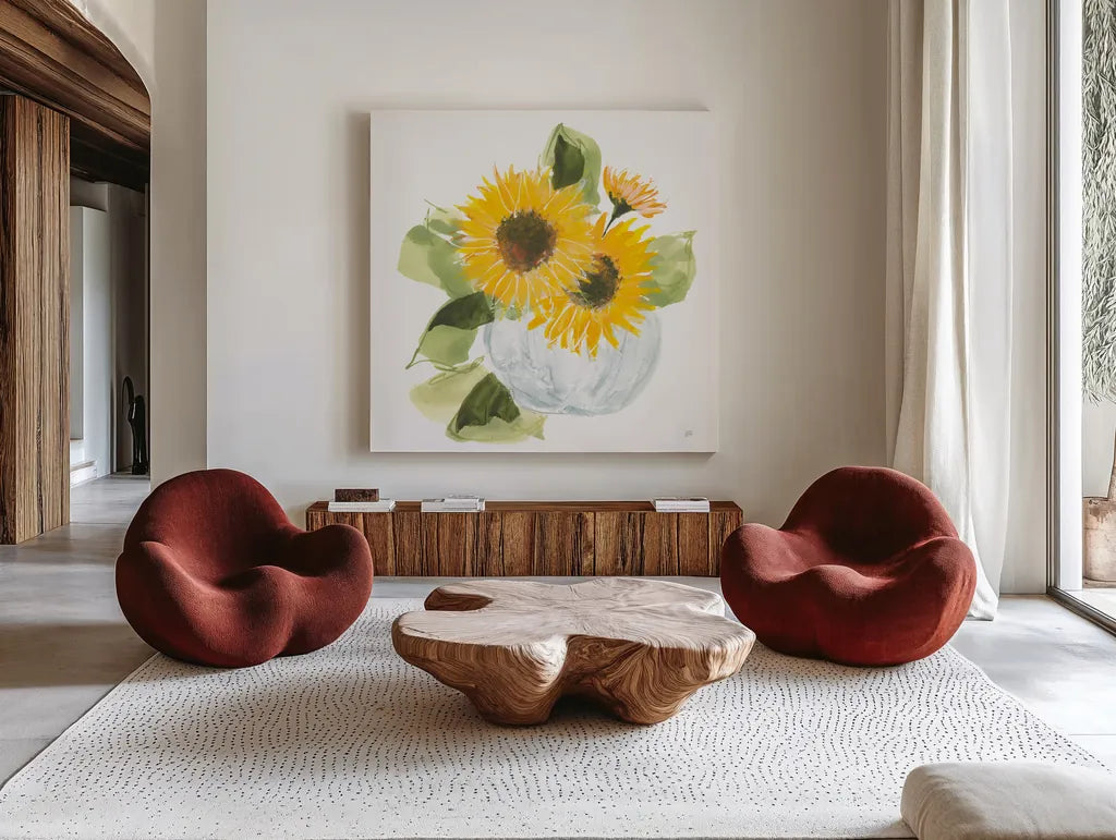 Sunflower Pumpkin Bouquet by Chris Paschke. Shown as extra-large giant wall art in a modern living room. Available as an archival giclee rolled canvas, fine art paper, or poster print. SKU 81871a.