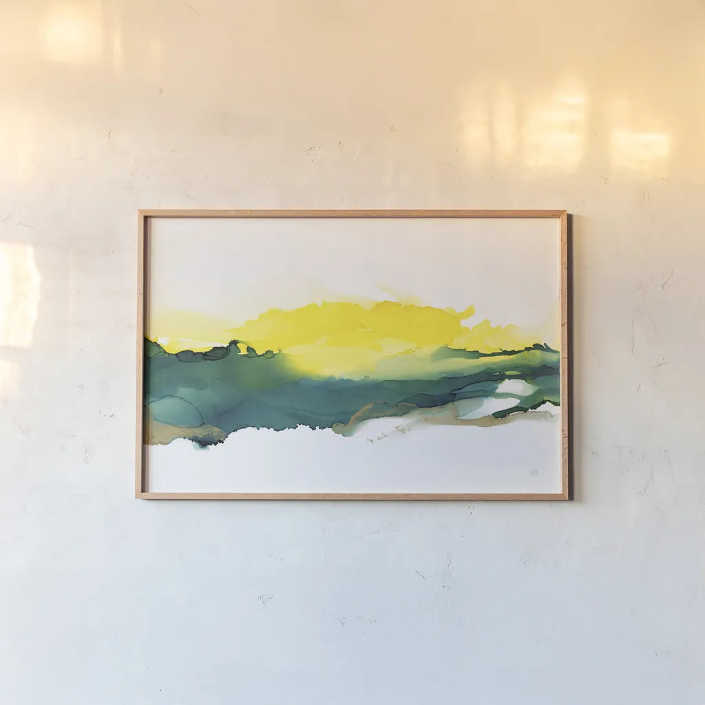 Sunrise by Chris Paschke. shown as a paper print in a natural frame. Available as a archival giclee rolled canvas, fine art paper, or poster print. SKU 65430i.