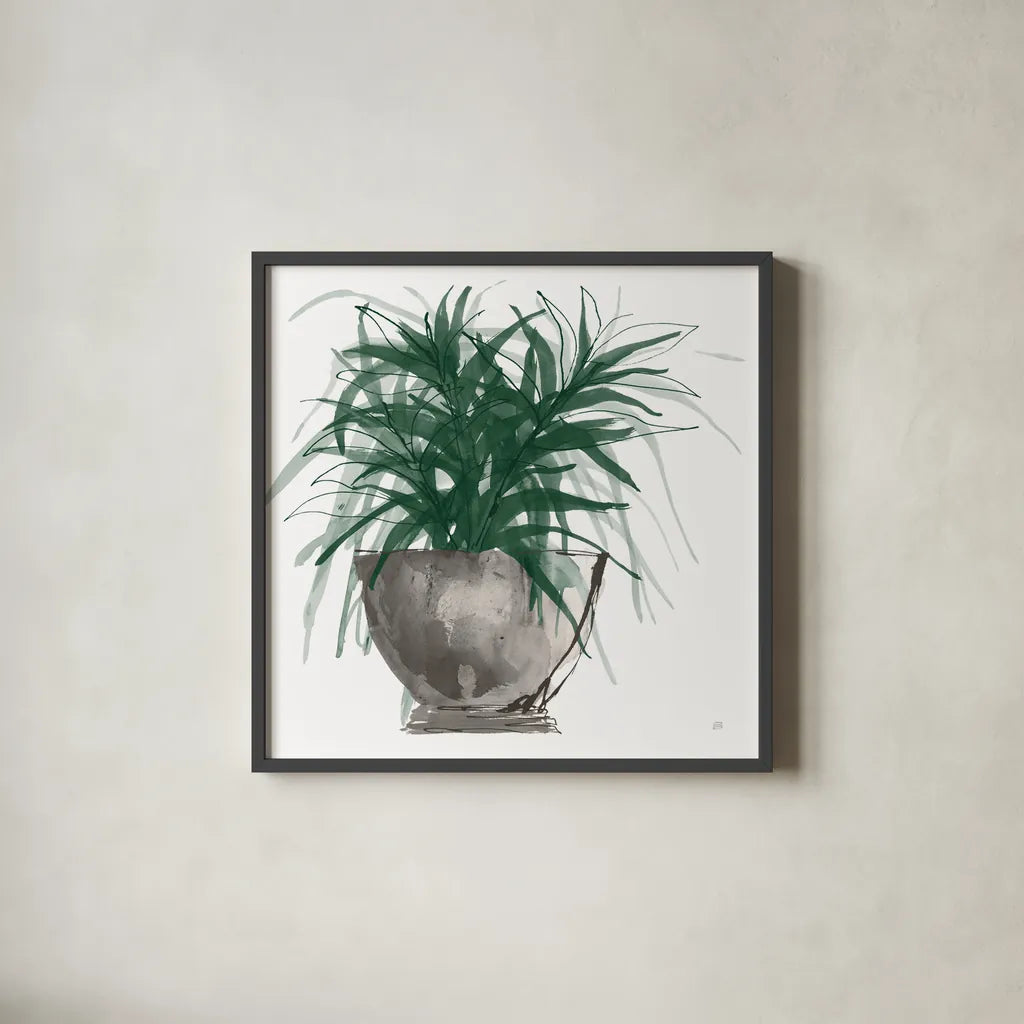 Sunroom Sketch I Green by Chris Paschke. Shown in a sleek black glass frame for a contemporary gallery look. Available as an archival giclee rolled canvas, fine art paper, or poster print. SKU 86010a.