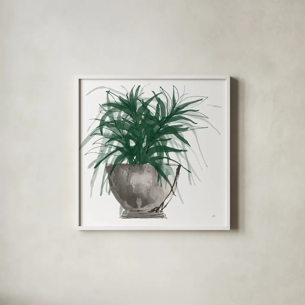 Sunroom Sketch I Green by Chris Paschke. Shown in a crisp white glass frame for a clean and minimalist style. Available as an archival giclee rolled canvas, fine art paper, or poster print. SKU 86010a.