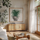 Sunroom Sketch I Green by Chris Paschke. Shown in a natural wood frame in a cozy modern living room. Available as an archival giclee rolled canvas, fine art paper, or poster print. SKU 86010a.