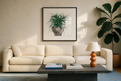 Sunroom Sketch I Green by Chris Paschke. Displayed in a glass frame with matte in a clean modern living room. Available as an archival giclee rolled canvas, fine art paper, or poster print. SKU 86010a.