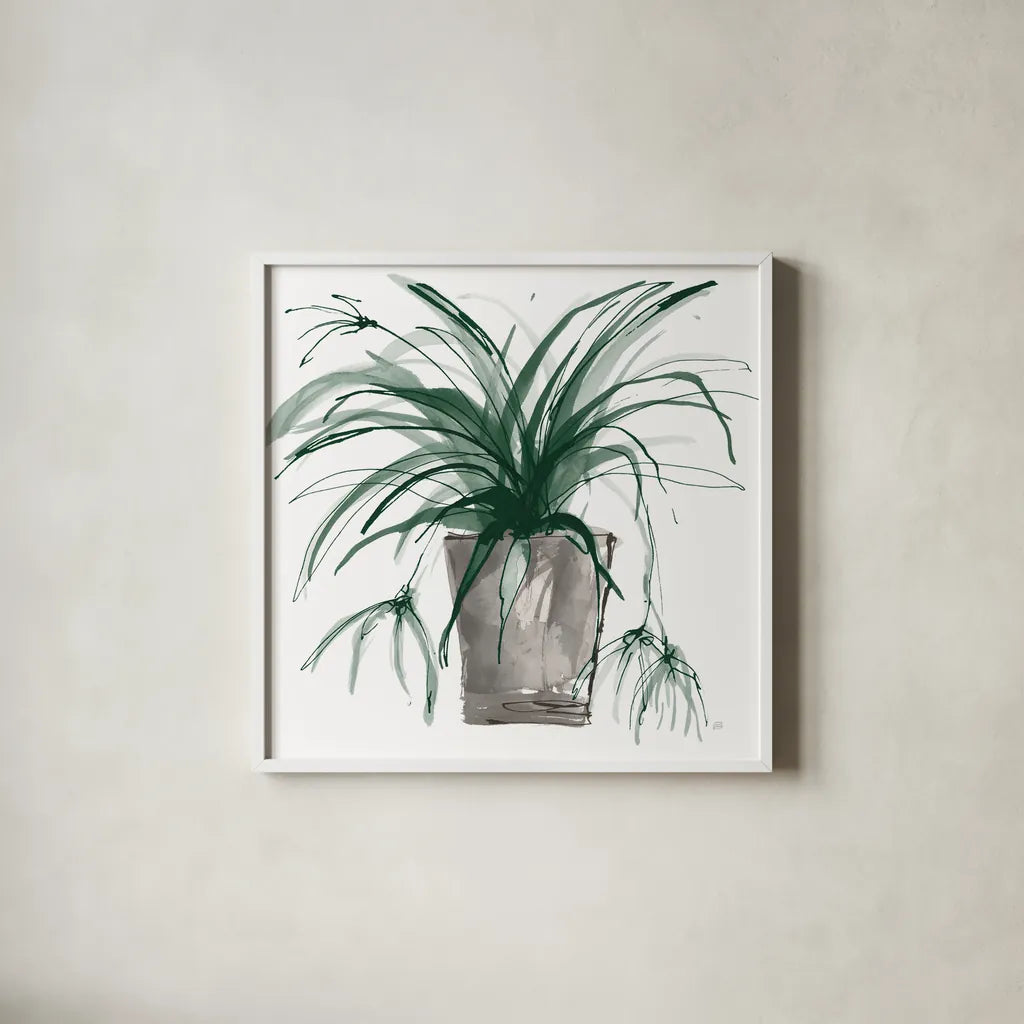 Sunroom Sketch II Green by Chris Paschke. Shown in a crisp white glass frame for a clean and minimalist style. Available as an archival giclee rolled canvas, fine art paper, or poster print. SKU 86011a.