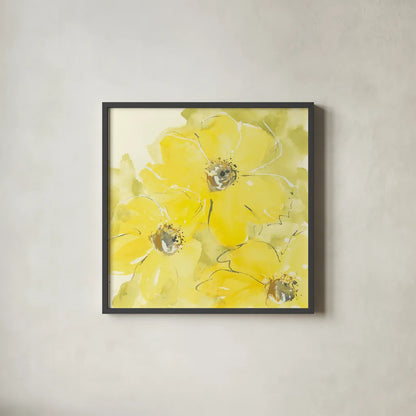 Sunshine Cosmos I by Chris Paschke. Shown in a sleek black glass frame for a contemporary gallery look. Available as an archival giclee rolled canvas, fine art paper, or poster print. SKU 48034a.